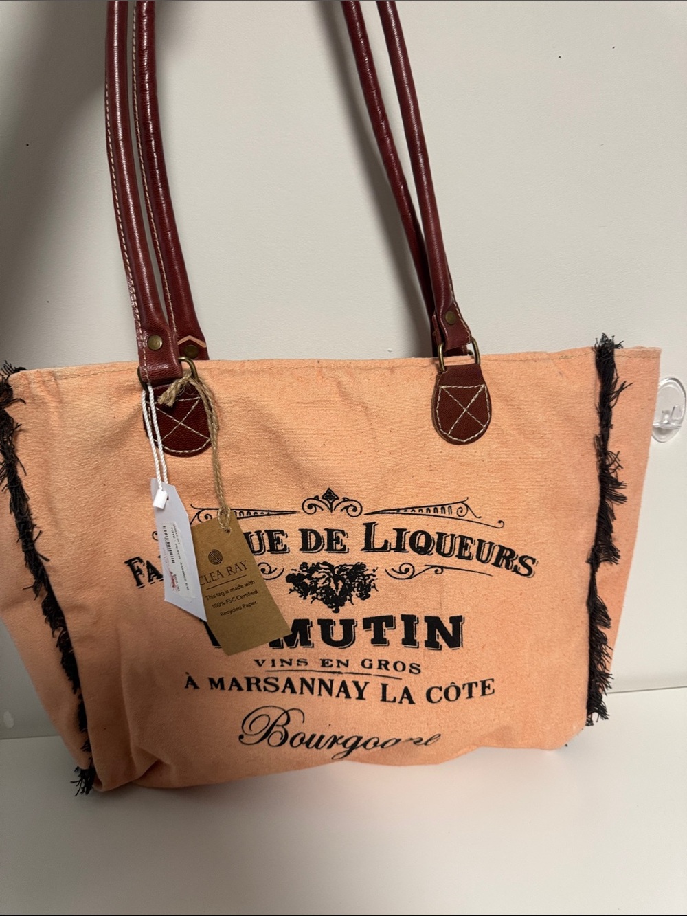 Peach Canvas Tote with Burgundy Handles by